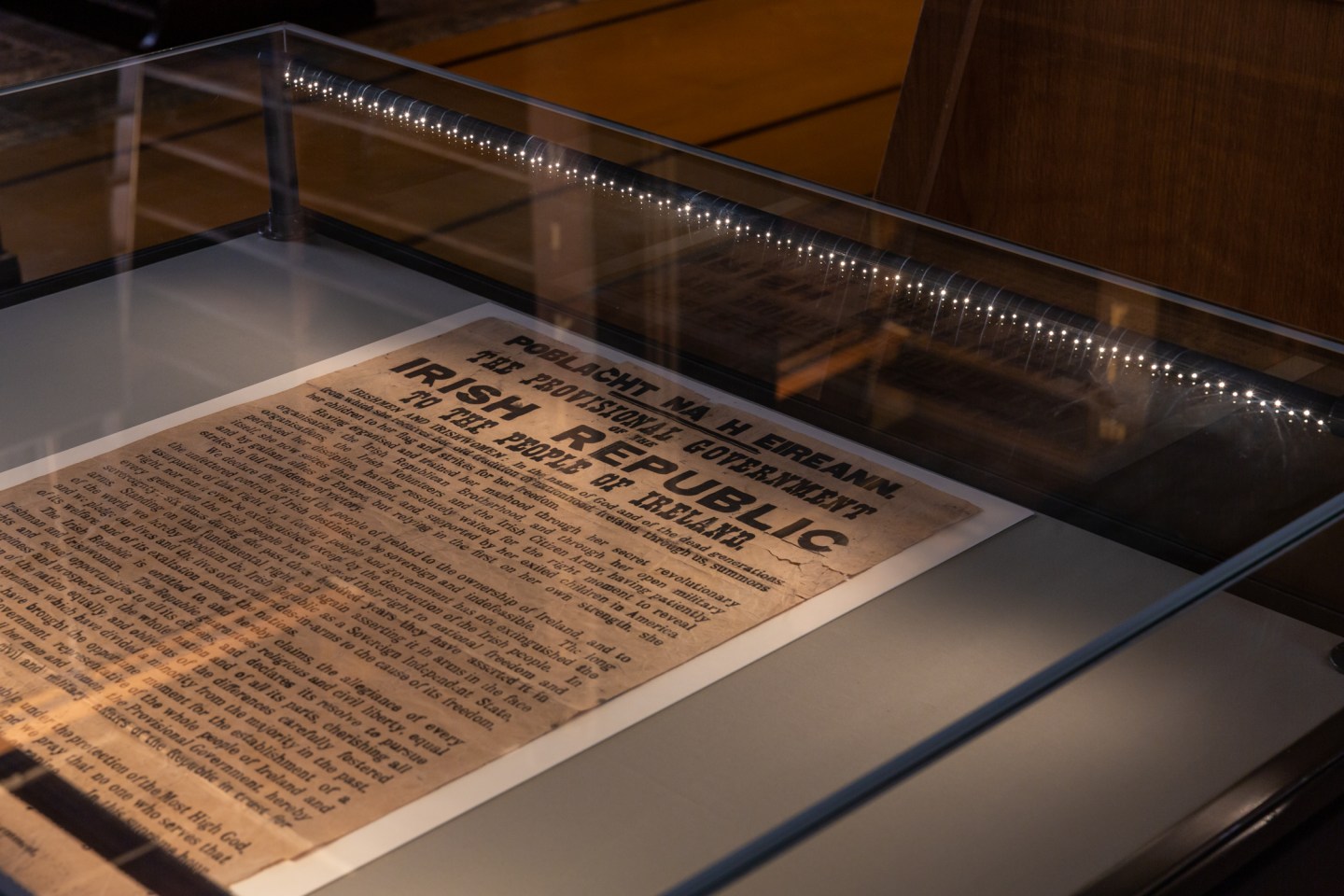 The Proclamation of the Irish Republic on display in a case in the Long Room