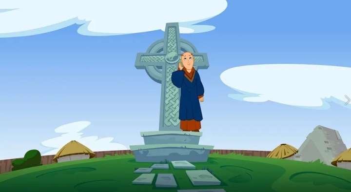 Animation of a stone cross and a man in a blue and brown robe standing in front of it