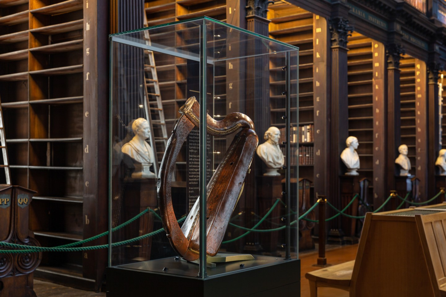 The Brian Boru harp on display in the Long Room