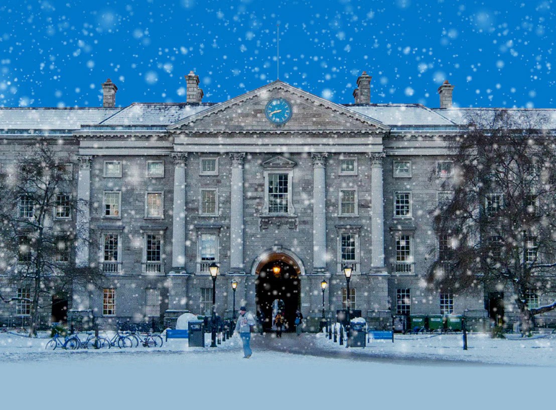 Snow falling over Trinity College Dublin