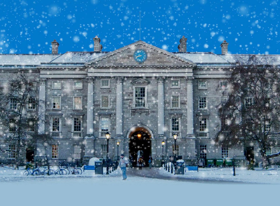 Snow falling over Trinity College Dublin