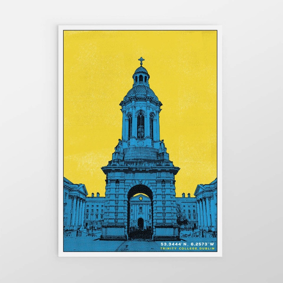 Art print of the Campanile at Trinity College Dublin, illustrated in a contemporary graphic style.