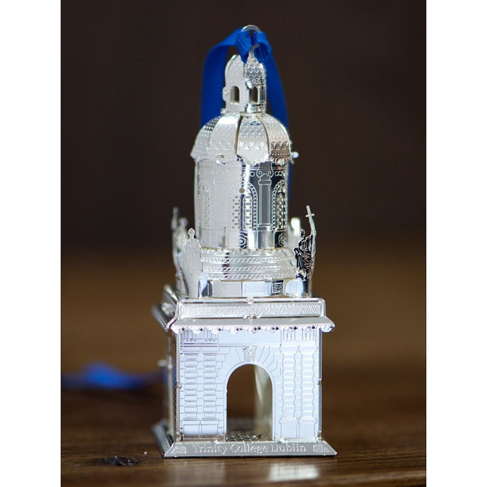 Three-dimensional silver Campanile ornament inspired by Trinity College Dublin’s landmark bell tower.