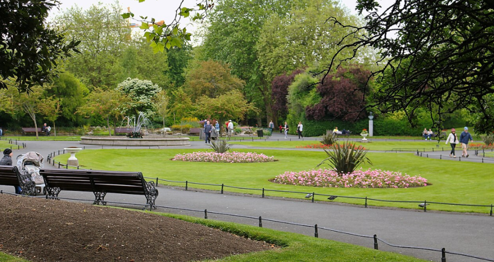 A serene park featuring a bench beside a central fountain, surrounded by lush greenery and open space.